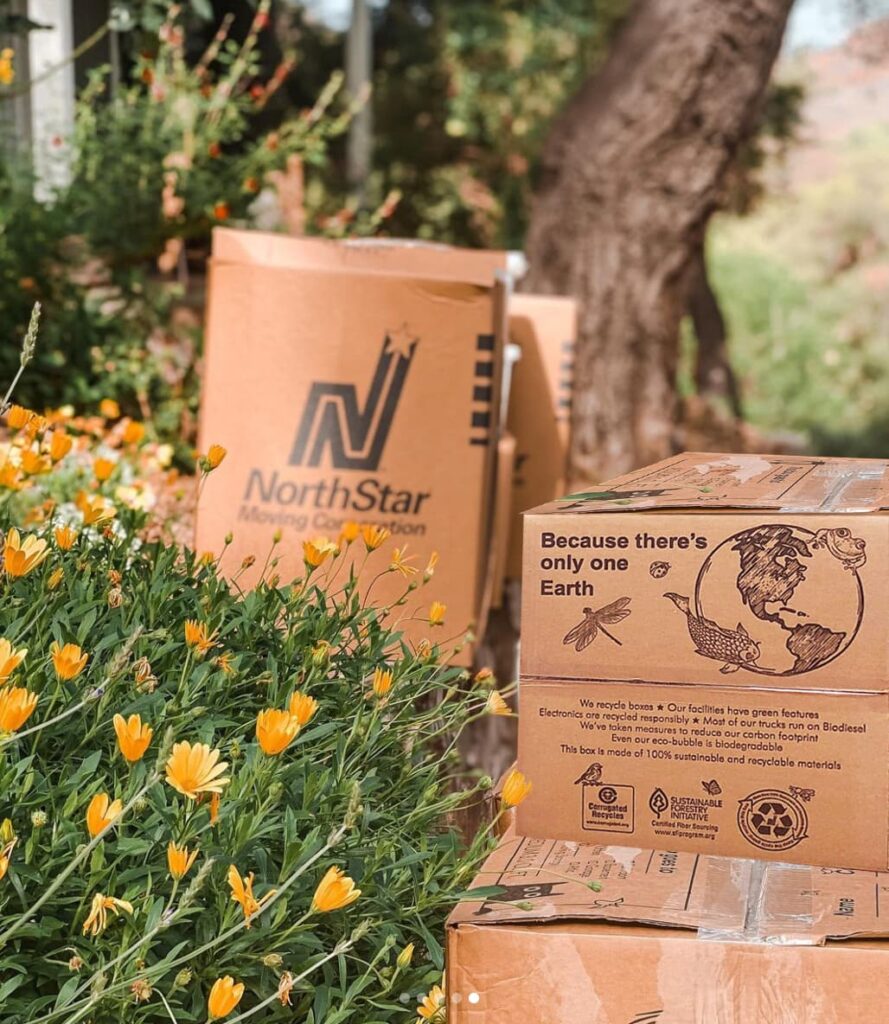 NorthStar Moving's moving boxes are eco-friendly and made of recycled materials, they are stacked outside among wild flowers