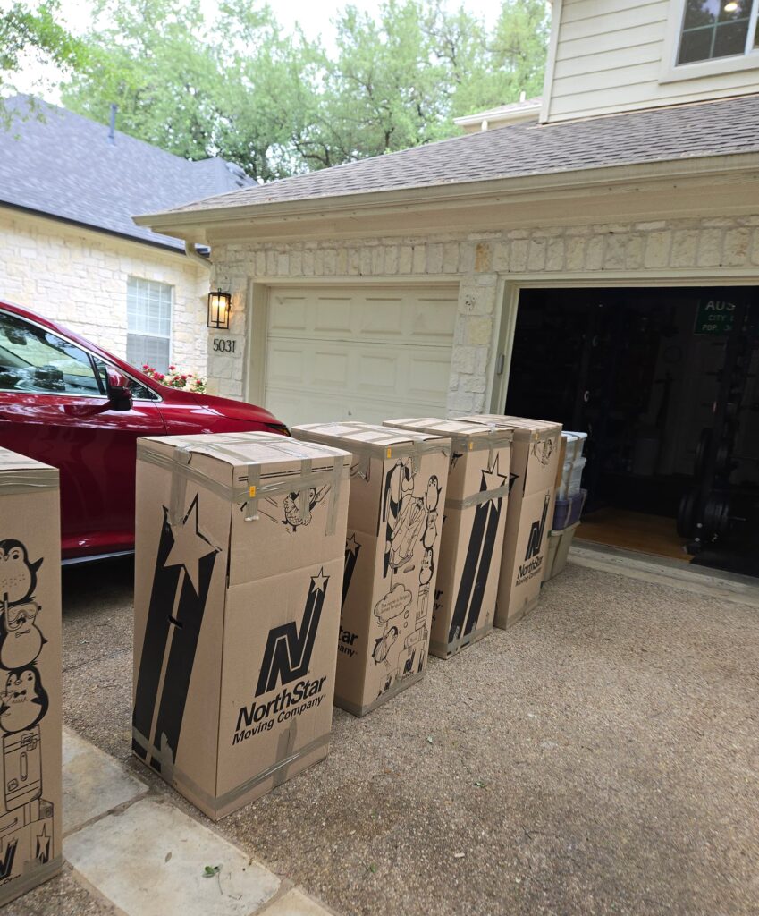 NorthStar Moving eco-friendling moving boxes lined up for a local move in Austin, Texas