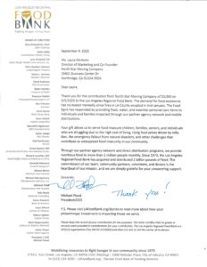 A thank you letter from the Los Angeles Regional Bank to NorthStar Moving after the 2025 Let's Send Hunger Packing food drive