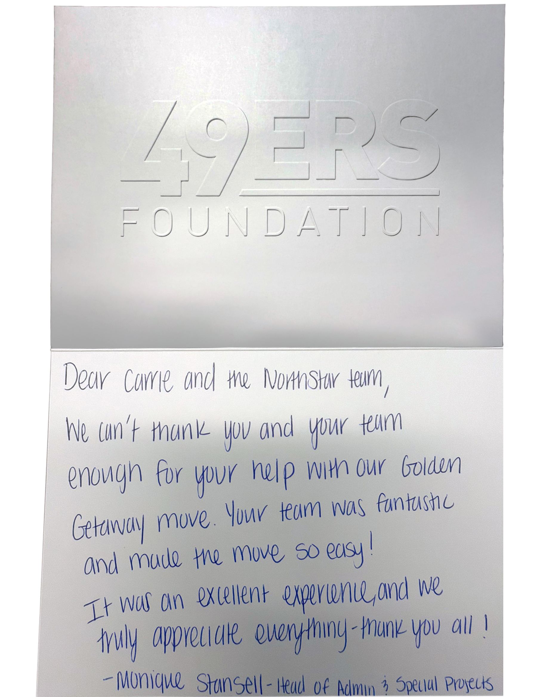 A hand written thank you letter from the 49ers Foundation to NorthStar Moving.
